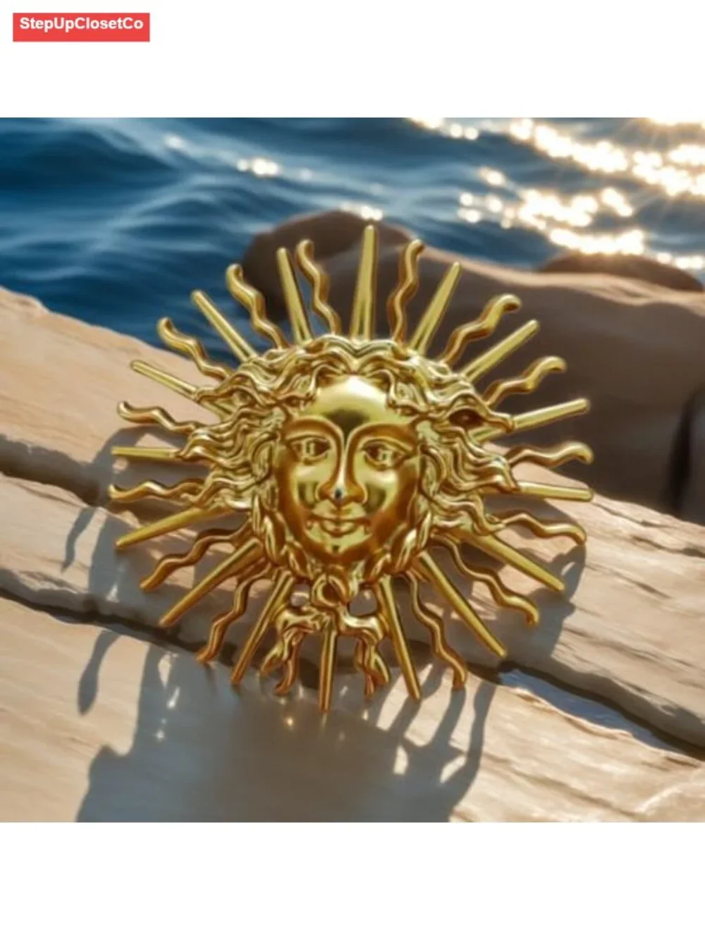 Vintage Gold Plated Sun Goddess Brooch Pin Baroque Celestial Helios Face Brooch